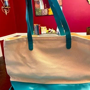 Bloomingdales Canvas and Teal Leather Bottom Tote